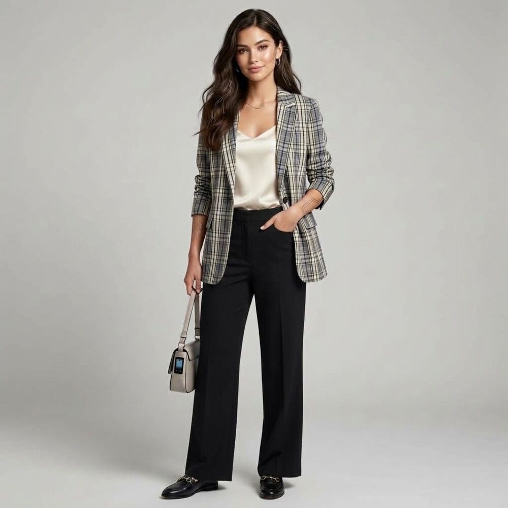 Nine West Urban Academia Plaid Multicolor Poly Wool Blend Versatile Blazer SZ XL